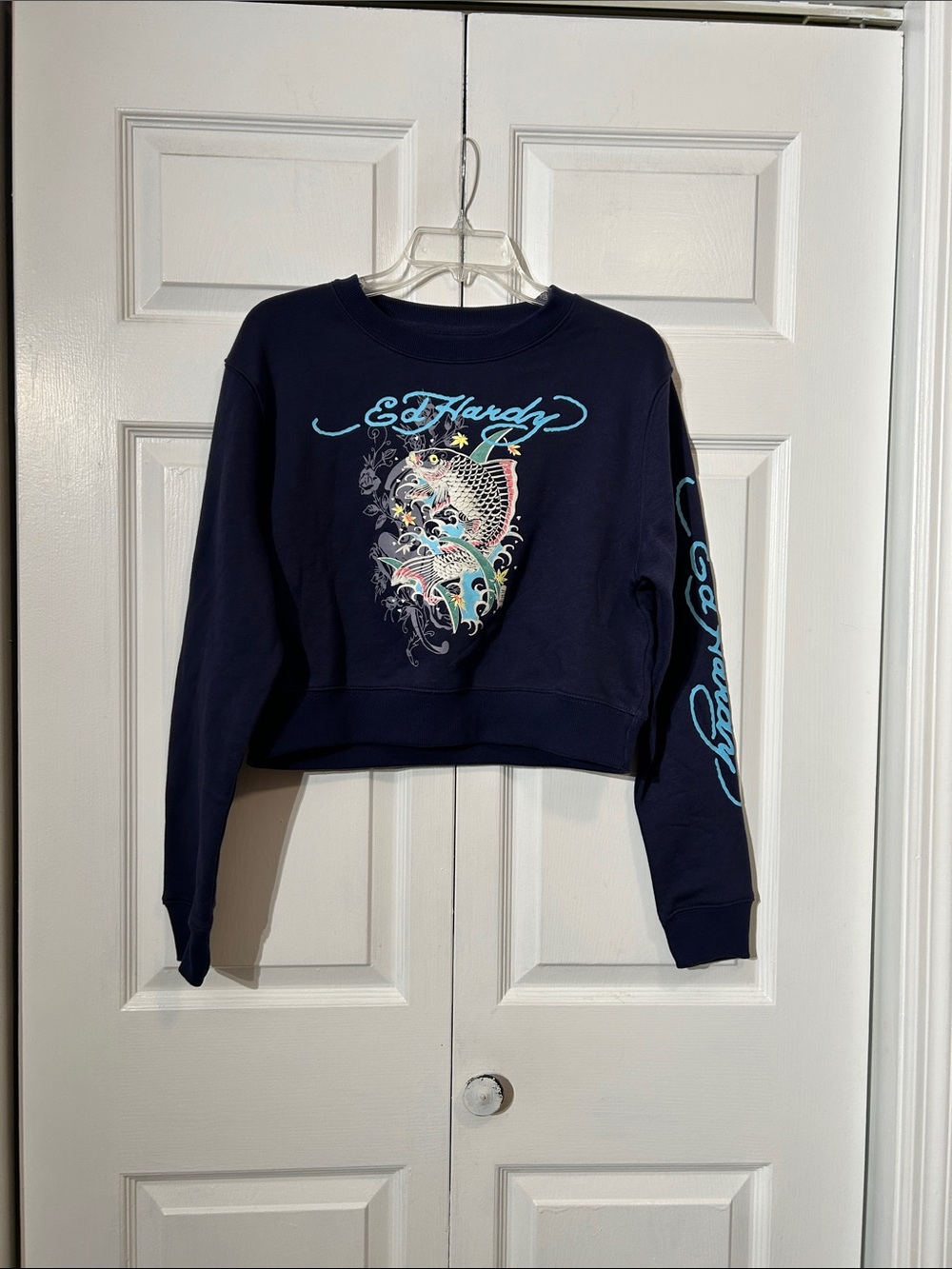 Ed Hardy Navy Cropped Crewneck Sweatshirt with Pastel Koi Graphic size M Medium